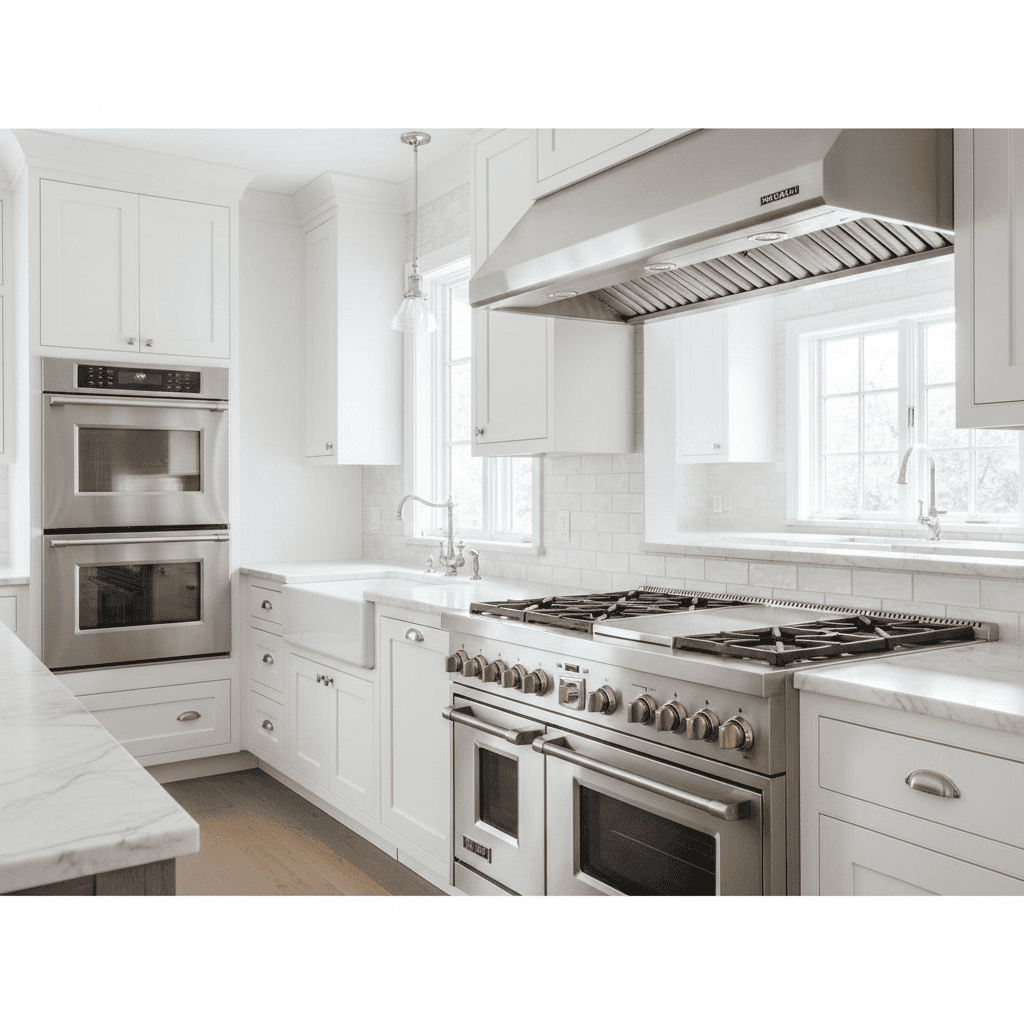 A bright, modern Hamptons style kitchen featuring high-end stainless steel wall ovens and a professional range in perfect working order.